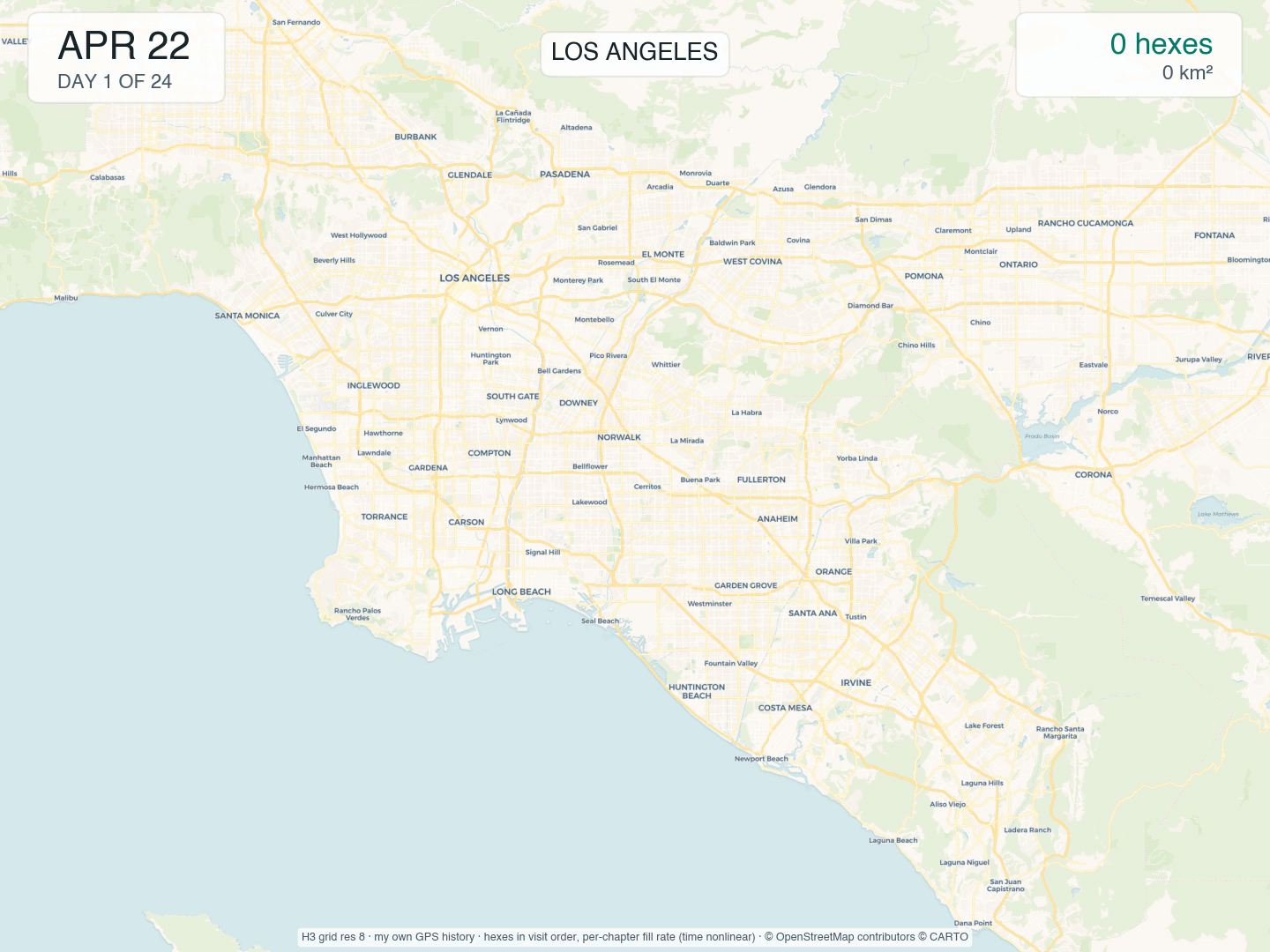[OC] My 24-day trip through Los Angeles, Las Vegas, and San Francisco, mapped to a hexagonal grid Visualization
