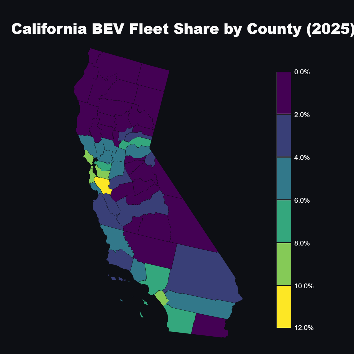 [OC] BEV Share of California’s Light-Duty Vehicle Fleet by County (2025) Visualization