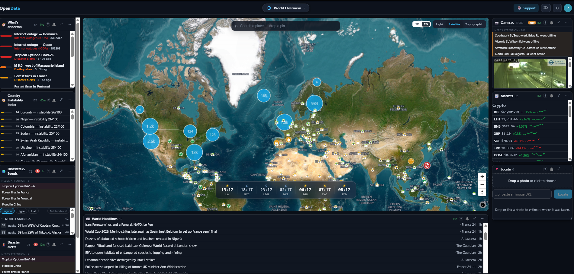 [OC] A live map that pulls ~40 open data feeds together in real time: flights, earthquakes, wildfires, internet outages and markets on one globe Statistics