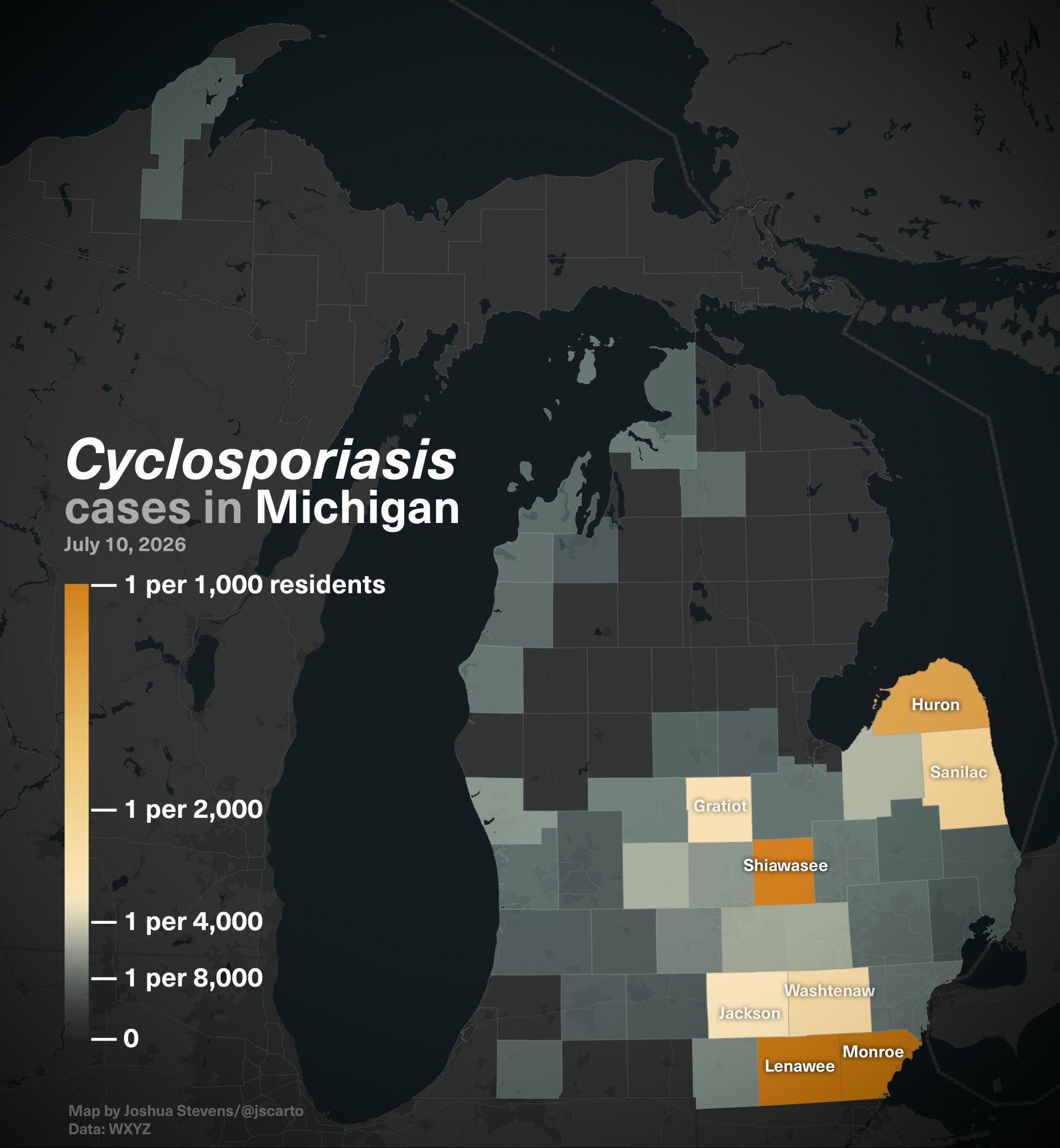 Normalized map of Cyclosporiasis cases in Michigan [OC] Visualization