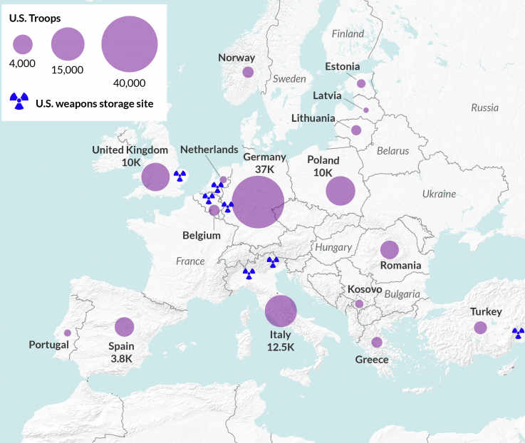 US troop presence and nuclear weapons in Europe currently (US DOD/IISS) Visualization