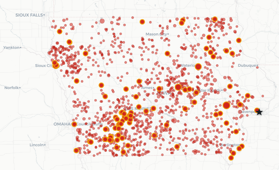 [OC] 1,294 Iowa bridges have been consistently rated Poor by federal inspectors every year straight since 2010. Visualization