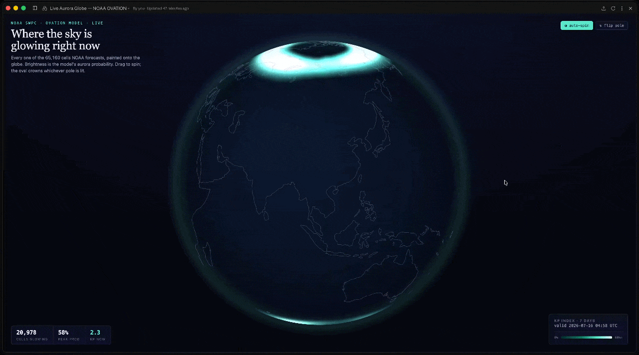 NOAA's OVATION aurora forecast for both poles, visualized as a rotating globe [OC] Visualization