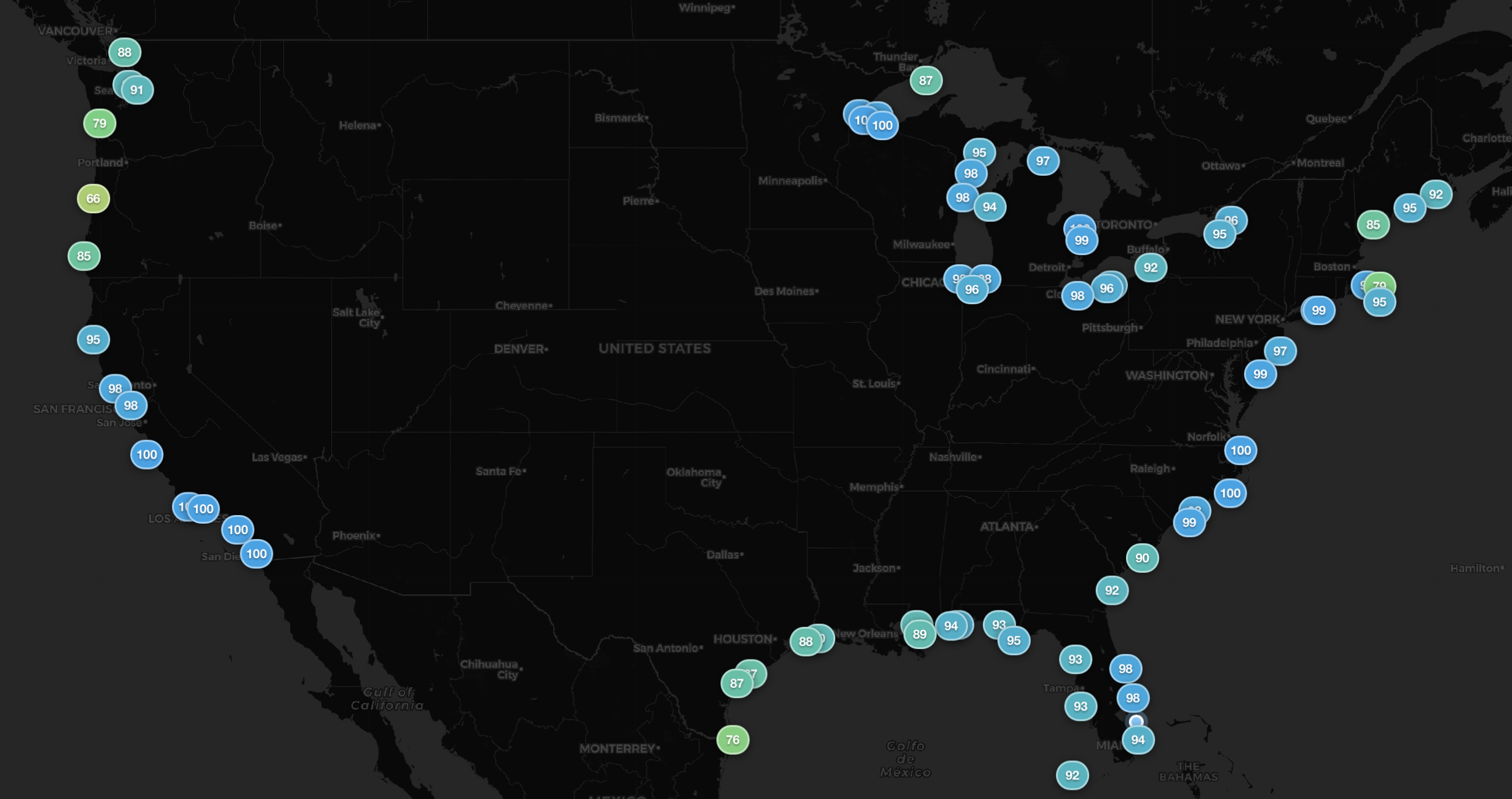 [OC] Live beach conditions across the US based on key weather metrics Visualization