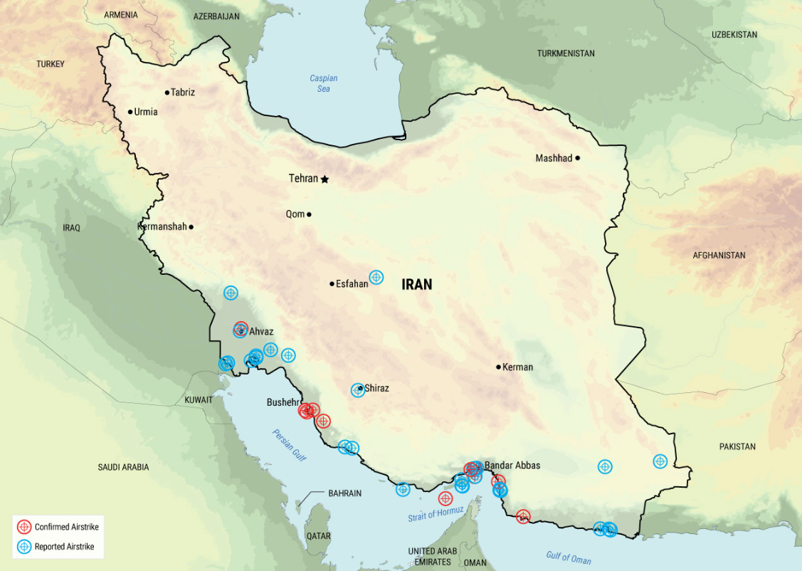 US strikes concentrated on Iran's southern coast from July 12-14, 2026 (ISW/CTP) Visualization US strikes concentrated on Iran's southern coast from July 12-14, 2026 (ISW/CTP) Visualization