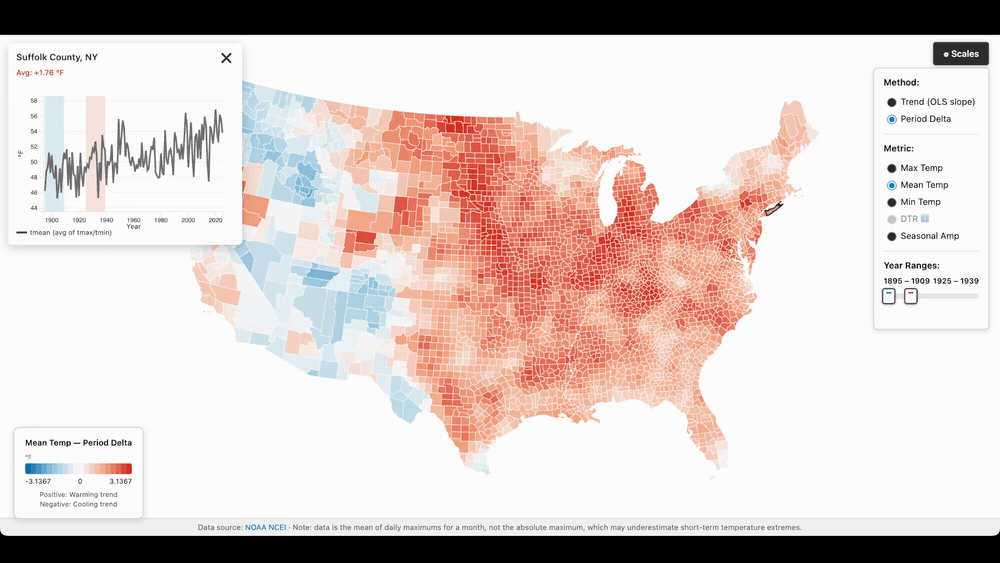 [OC] Interactive map of US county-level warming trends, 1895–present (D3, click any county for its full temperature history) Analysis