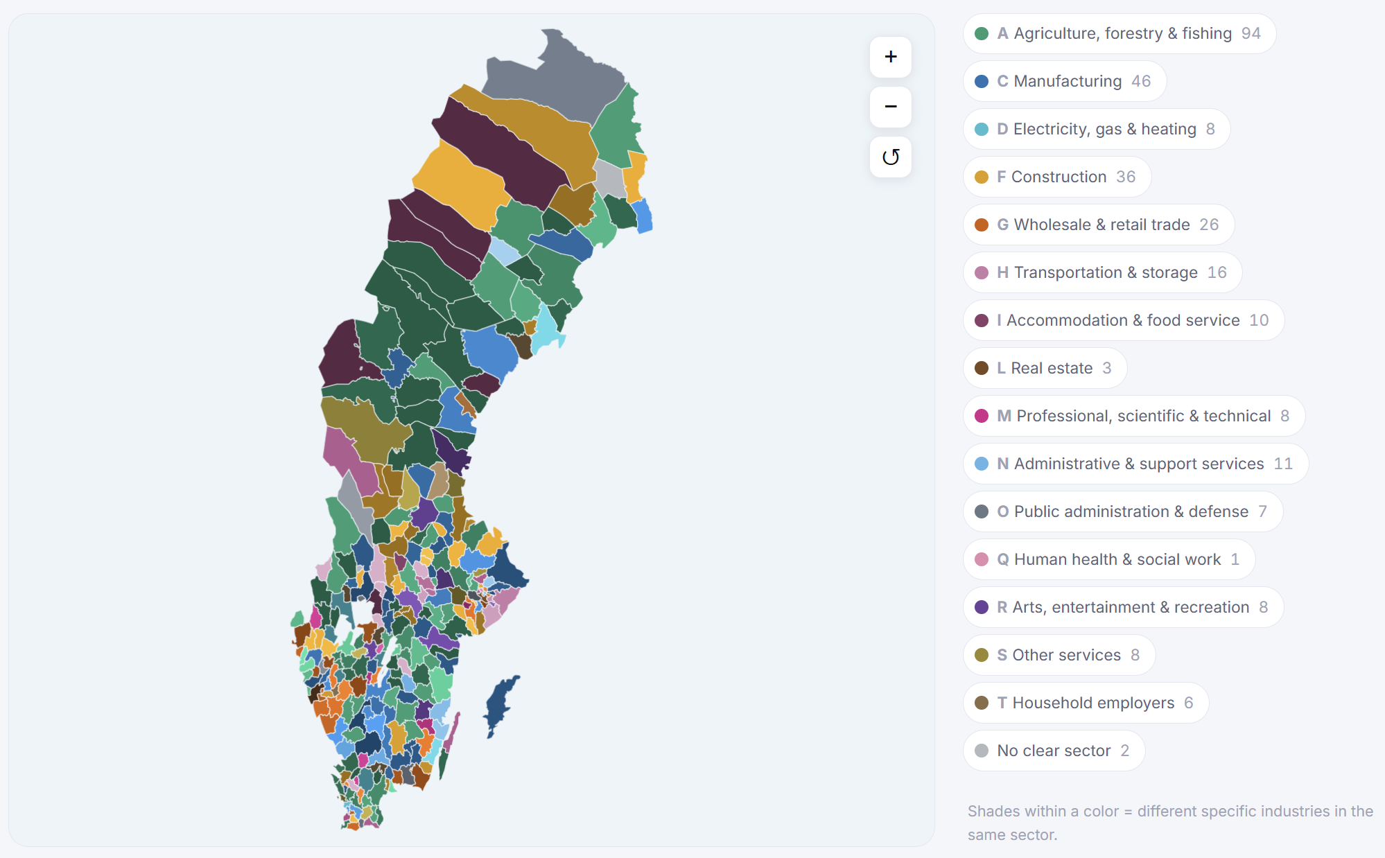 [OC] The most overrepresented industries in each each of Sweden's 290 municipalities Visualization
