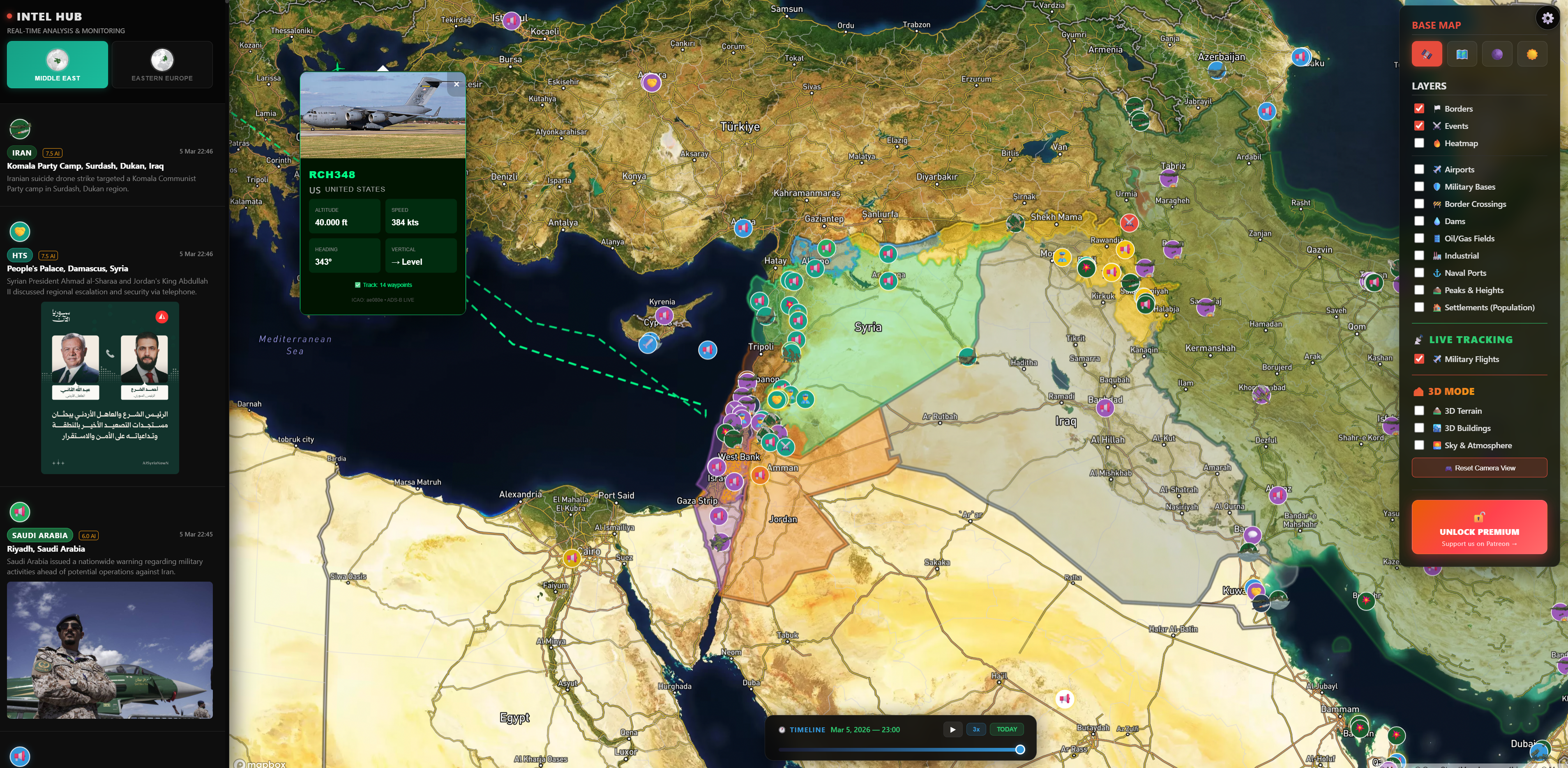 [OC] Real-time interactive conflict map tracking geolocated OSINT events across Ukraine and Syria Visualization