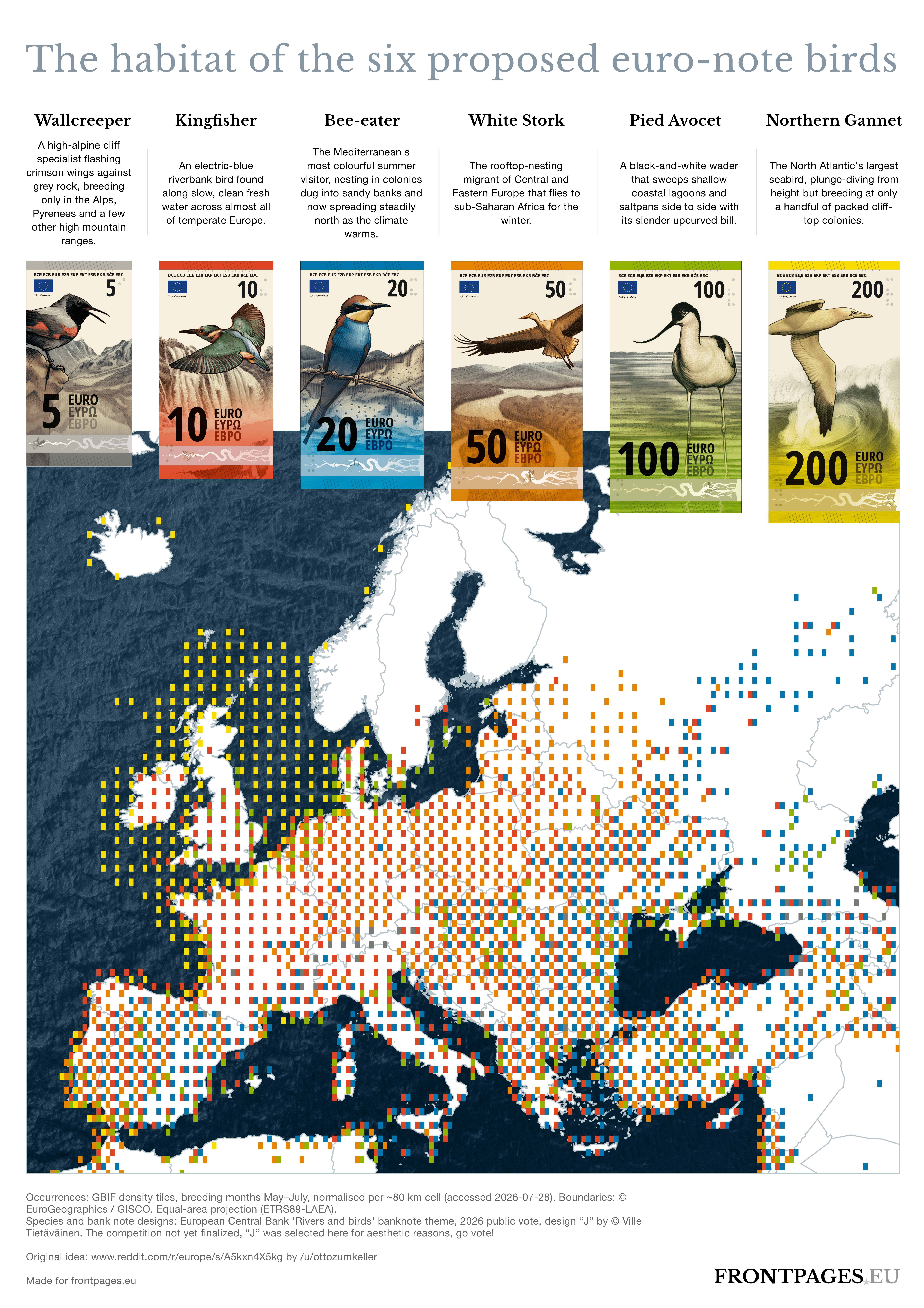 [OC] The habitat of the six proposed euro-note birds Visualization