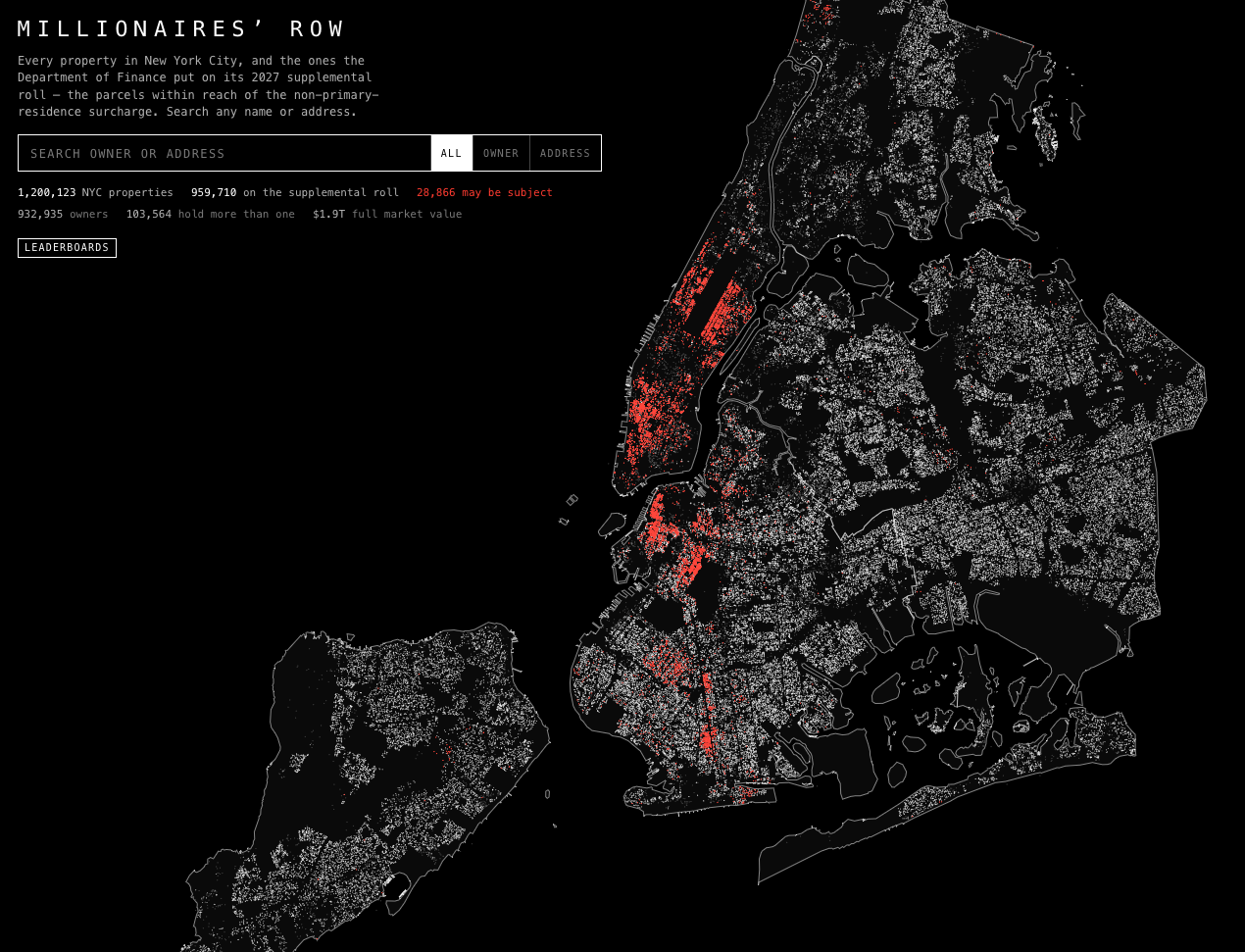 [OC] I made a map of every home in NYC, including the "millionaires" who might be subject to the Mayor's new Pied-à-Terre tax (link in the comments) Visualization
