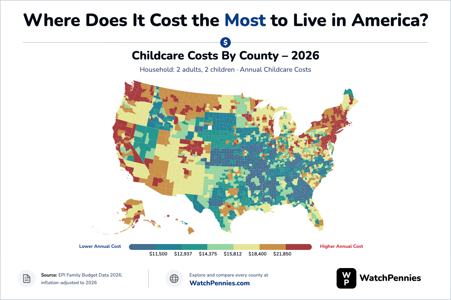 [OC] Annual childcare costs by U.S. county for a household with 2 adults and 2 children, 2026 Visualization