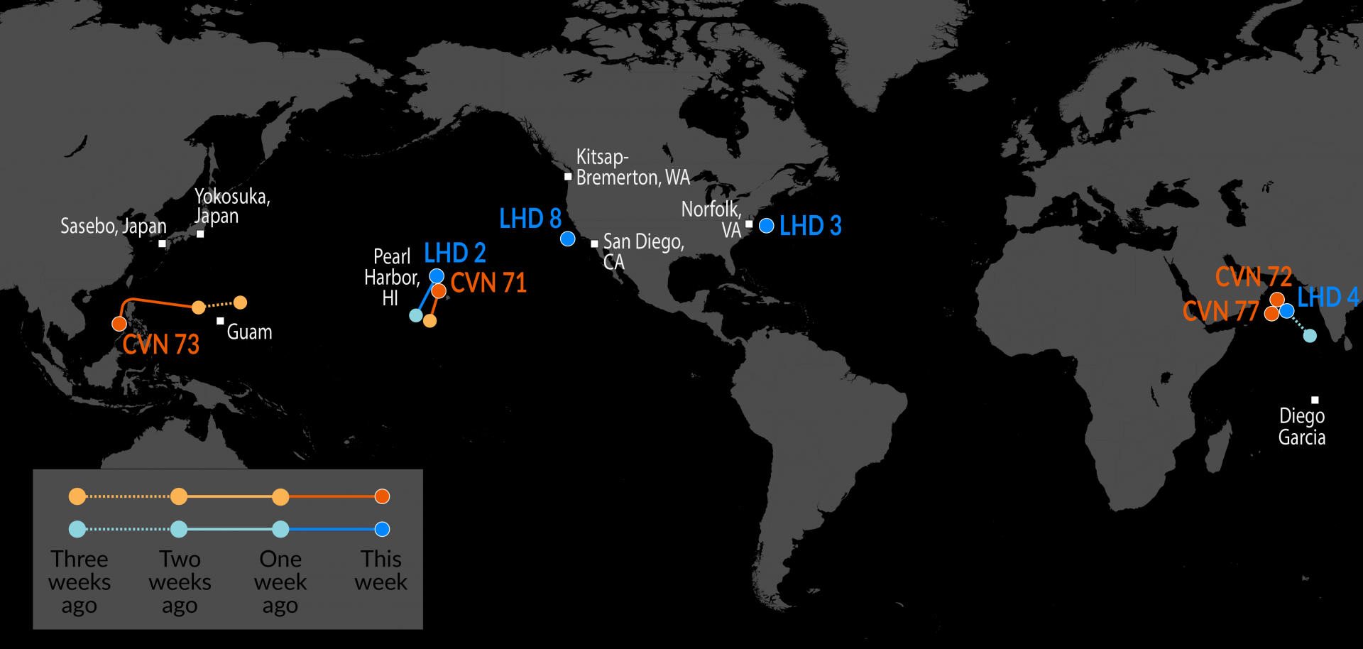 July 30th weekly US Carrier tracking updates - USS George Washington (CVN-73) arrived at Vietnam for a 5-day visit + USS Theodore Roosevelt (CVN-71) and USS Essex (LHD-2) continue RIMPAC 26 exercises around the Hawaiian islands Visualization July 30th weekly US Carrier tracking updates - USS George Washington (CVN-73) arrived at Vietnam for a 5-day visit + USS Theodore Roosevelt (CVN-71) and USS Essex (LHD-2) continue RIMPAC 26 exercises around the Hawaiian islands Visualization