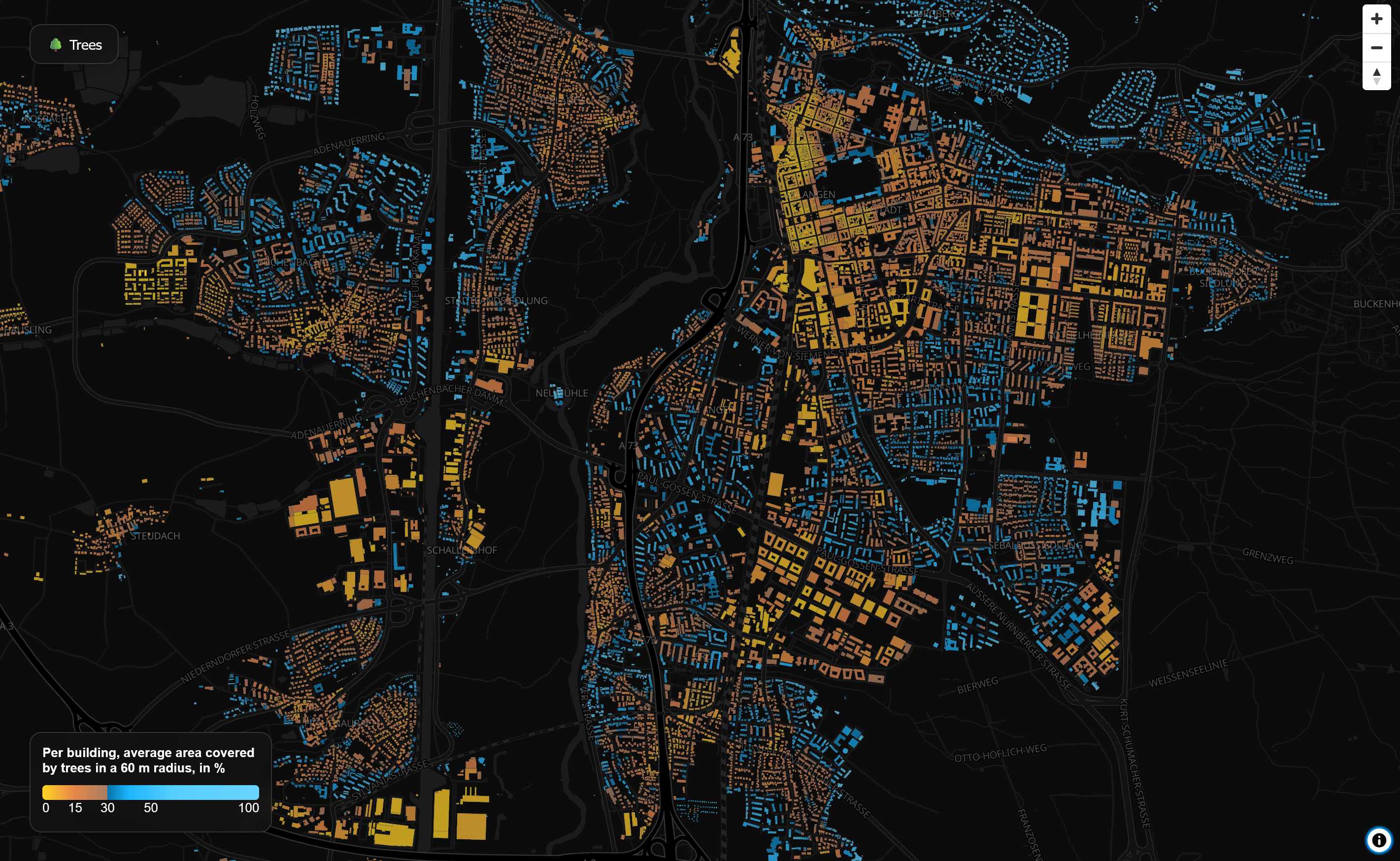 [OC] City Tree Cover in Building Surroundings Visualization