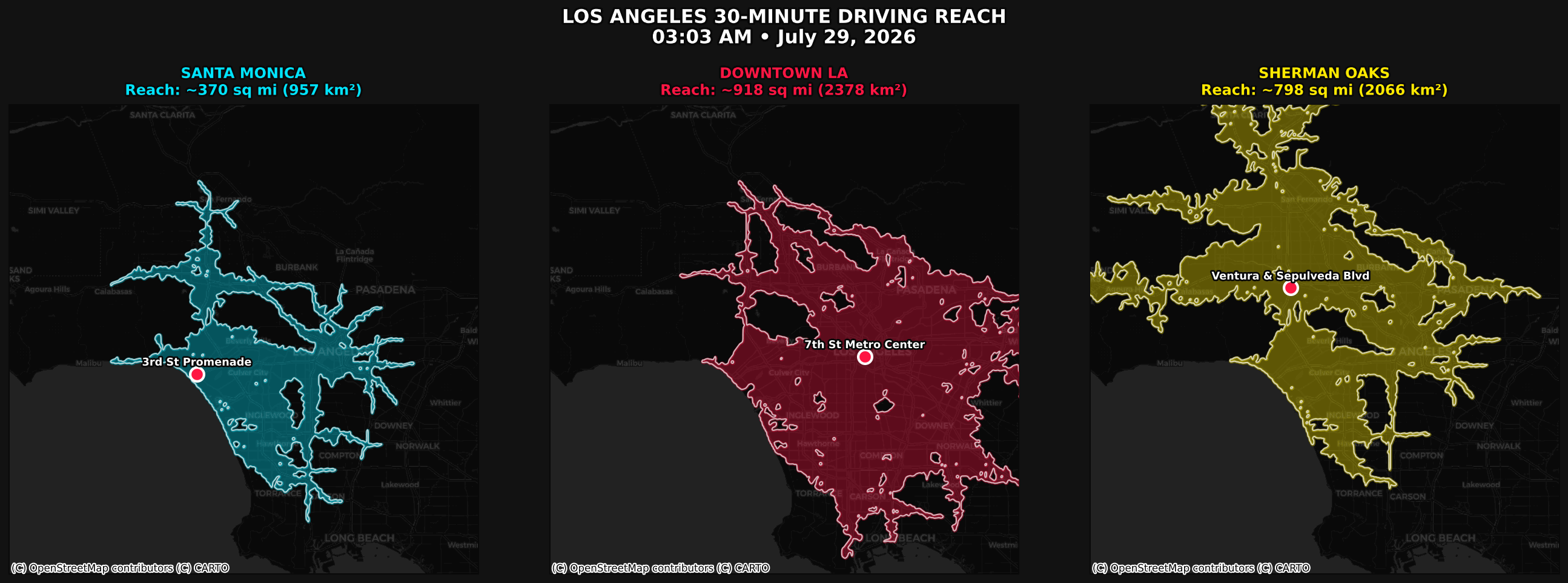 [OC] How Bad is LA Traffic? 30-Minute Driving Reach Over 24 Hours Using Live Traffic Data Statistics