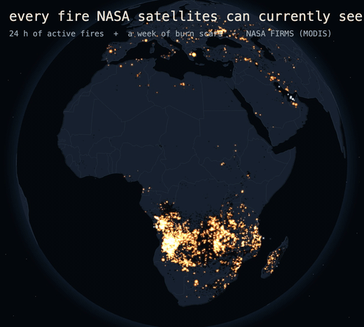 [OC] 24 hours of active fire detections from NASA satellites, with the previous week shown as dark burn scars Visualization