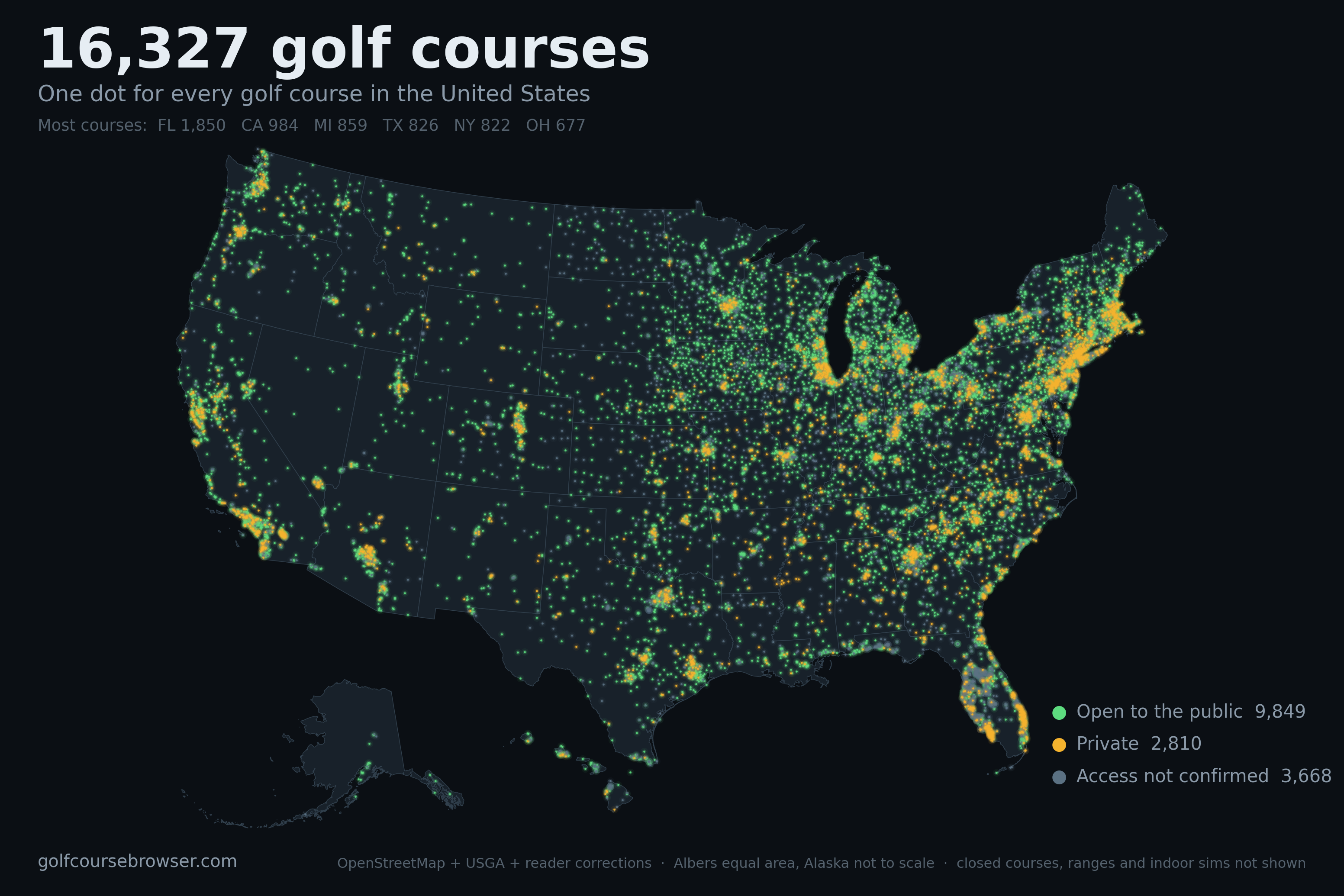 [OC]16,327 golf courses in the United States Visualization